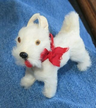 Vintage Fur Germany Dog Figure Glass Eyes White Terrier Miniature (bb74)