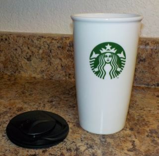 Starbucks 2013 Ceramic Coffee Tumbler W/ Lid One Sided Mermaid Classic White