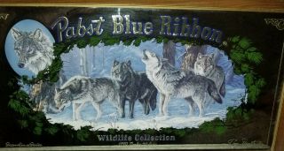 (vtg) Pabst Blue Ribbon Beer Wild Life Timber Wolves Wood Frame Mirror Sign