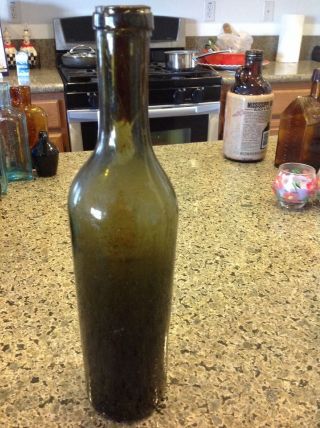 Antique Crude Black Glass Whiskey Or Wine Bottle Hand Blown Inverted Bottom