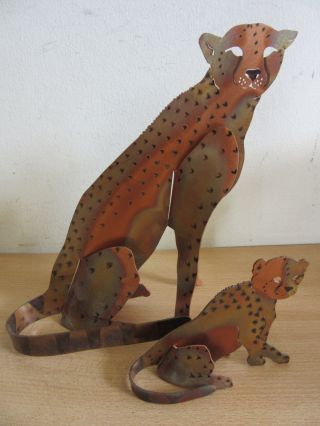 2pc Laser Cut Copper Cheetah & Cup Figurines 8 " Signed " Bcc 1998 "