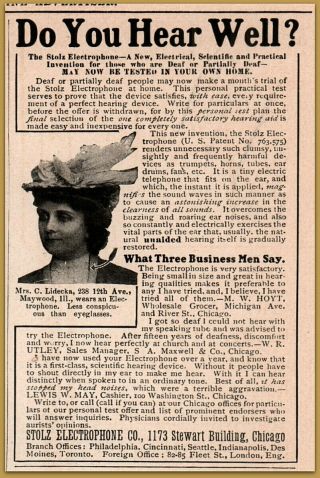 1908 Stolz Electrophone Co Hearing Aid Deaf Mrs Lidecka Maywood Ill Print Ad