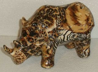 La Vie Rhino Figure Ceramic Chintz Rhinoceros Figurine Animal Print 8 " By 4.  5 "