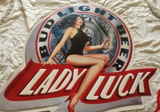 Metal Beer Sign.  1991 Bud Light Lady Luck.  38×35