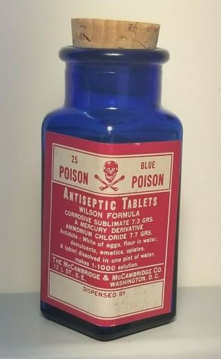 Circa 1900s Cobalt Blue Antiseptic Poison Full Bottle With Label Washington,  Dc