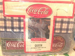 Coca - Cola Brand Ice Cold Plaid Queen Size 180 Thread Count Sheet Set Nip L@@k