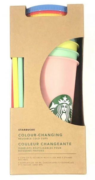 Starbucks 5 Pack Colour Changing Reusable Cold Cup With Color Lids Straws 24oz