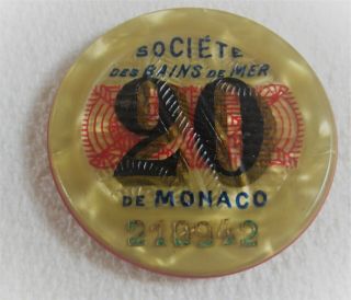 Vtg Monaco Sea Bath Society Casino Chip 20 Francs Societe De Bains De Mer