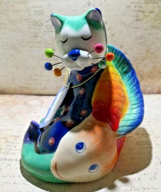 Whimsiclay Ceramic Cat Figurine Cat Fish 13042 2005