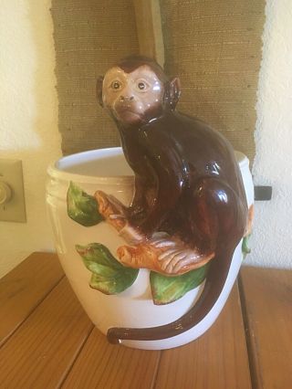 Vintage Hand Painted Grosselle Italy Monkey Planter Cashe Pot Vase 3d Design Euc