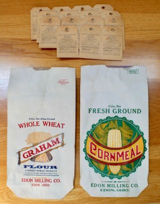 Vintage Edon Milling Co 5 Lb Whole Wheat & Cornmeal Flour Sacks,  Wheat Bran Tags