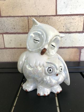 Vintage Ceramic White Irridescent Mother And Baby Owl Figurine Price Nj