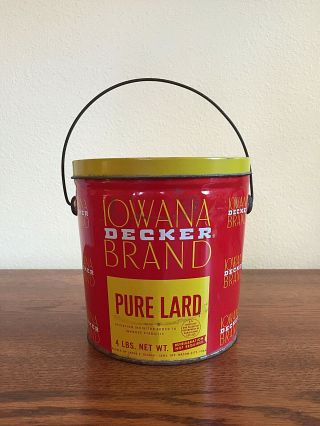 Vintage Iowana Decker Brand Pure Lard Bucket Tin Mason City,  Iowa