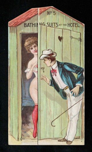1880s Trade Card - Risque Folder - Woman Dressing At Bath House - Kuhn Tobacco