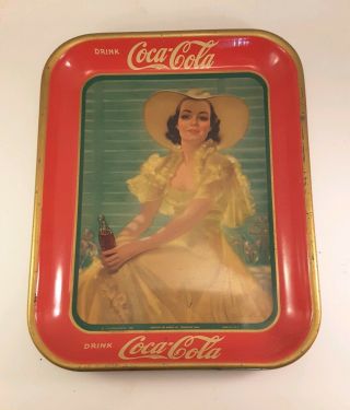 Antique 1938 Lady With Hat & Yellow Dress Coca - Cola Serving Tray