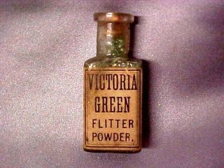 Antique Small Glass Bottle Victoria Green Flitter Powder Fw Devoe&co Ny Gc Fship