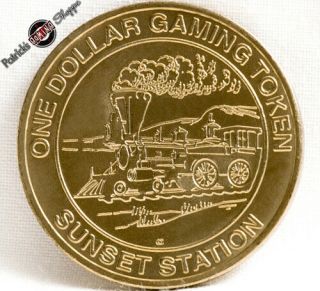 $1 Brass Slot Token Coin Sunset Station Casino 1997 Oc " Train " Henderson Nevada
