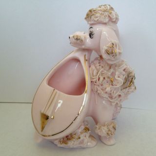 Vintage Pink Retro Spaghetti Poodle Dog Porcelain Figurine Playing Music Japan