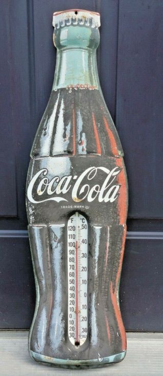 Vintage Coca Cola Bottle Metal Advertising Sign Thermometer 29 "
