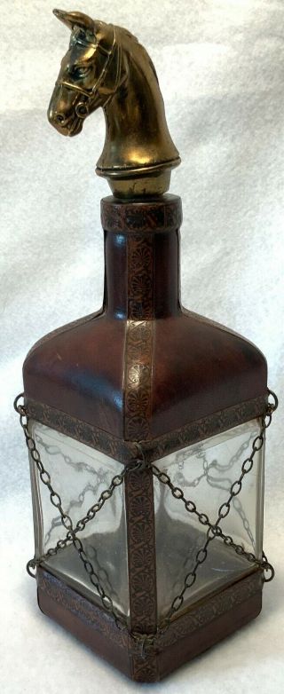 Mid - Century Italian Glass Leather & Brass Horse Head Liquor Decanter - Cool