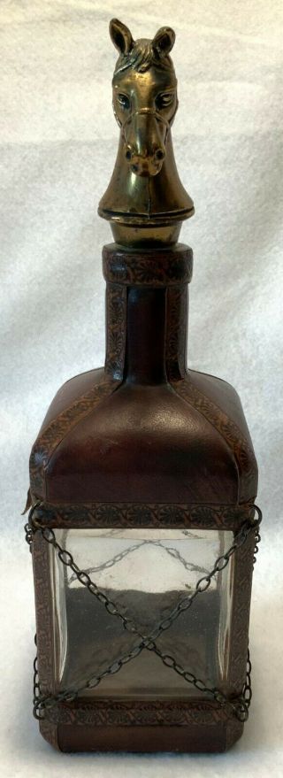 Mid - Century Italian Glass Leather & Brass HORSE HEAD Liquor Decanter - COOL 2
