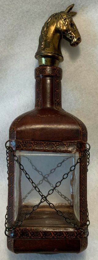 Mid - Century Italian Glass Leather & Brass HORSE HEAD Liquor Decanter - COOL 3