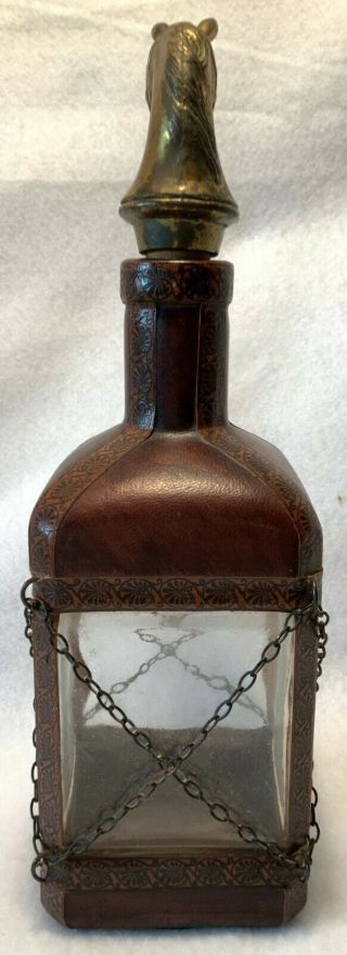 Mid - Century Italian Glass Leather & Brass HORSE HEAD Liquor Decanter - COOL 4