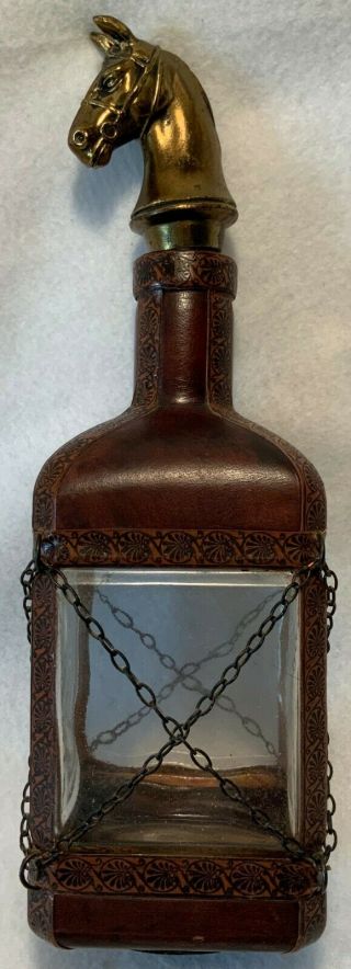 Mid - Century Italian Glass Leather & Brass HORSE HEAD Liquor Decanter - COOL 5