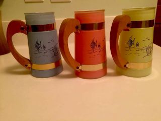 Siesta Ware Tiki Tropical Frosted Glass Mugs With Wood Handles Numbers 2,  7,  8