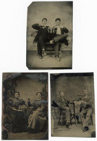 Men Pouring Beer Women & Wine 3 Antique Tintype Photos 1800s Breweriana