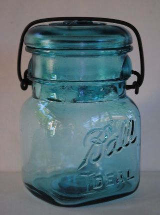 Vintage 1923 1933 Ball Ideal " Square " Blue Pint Canning Jar W/ Blue Lid Mold 3