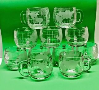 11 Vintage Nestle Nescafe Etched Frosted Glass World Map Globe Coffee Mugs