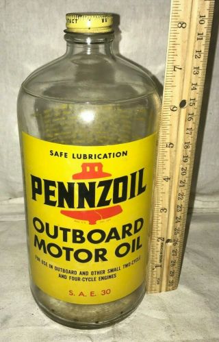 Antique Pennzoil Outboard Motor Oil Bottle Tin Lid Vintage Boat Gas Quart Jar