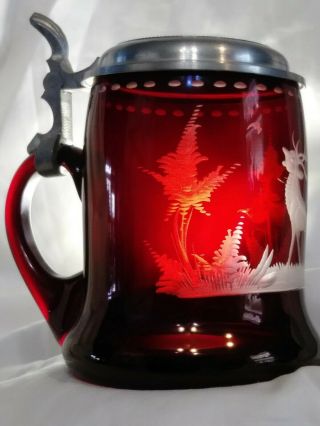 Antique German/bohemian Glass Beer Stein Ruby Red Flashed Rein Zinn