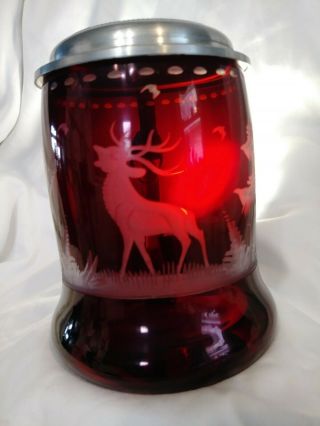 Antique German/Bohemian Glass Beer Stein Ruby Red Flashed Rein Zinn 3