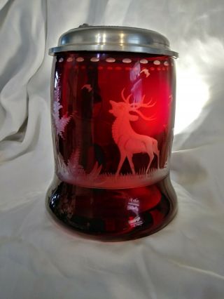 Antique German/Bohemian Glass Beer Stein Ruby Red Flashed Rein Zinn 7