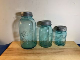 Set Of 3 Ball Perfect Mason Jars Pint Quart Half Gallon Aqua Vintage Zinc Lids