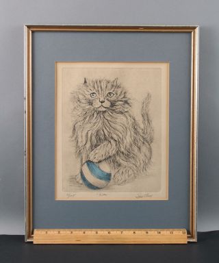 Antique Sue Ann Hand Colored Etching Print,  Cat Kitten W/ Blue Ball Nr