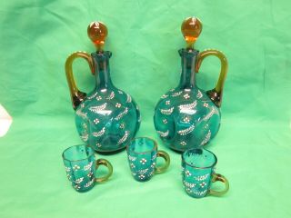 Vintage / Antique Hand Blown Decorated Turquoise Liquor Set From The 1880 