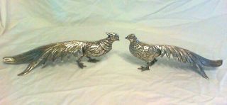 Vintage Pair Heavy Silver Plate On Brass Pheasant Figures,  13 - 1/2 " Long,  Japan