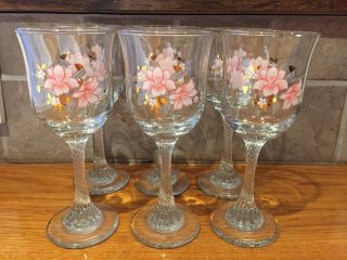 Set Of 6 Vintage Floral Wine Glasses With Twisted Stems