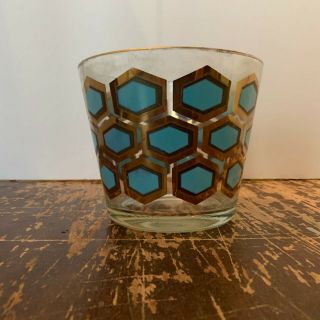 Vintage Mid Century Glass Ice Bucket Aqua Blue And Gold Geometric Design