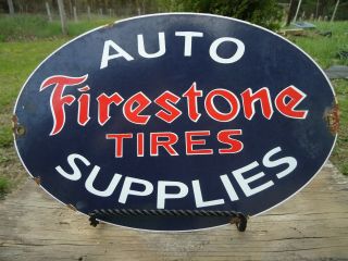 Old Vintage Firestone Tires Auto Supplies Porcelain Enamel Gas Pump Sign