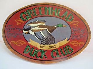 Charming Greenhead Duck Club Wooden Wood Wall Hanging Plaque Signed & Dated 8195