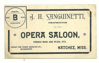 Early Natchez Mississippi Sanguinetti Opera Saloon Ad Card - Pabst Beer Bummers