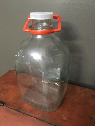 Vintage Square Glass Gallon 270 Milk Bottle Jug W/ Red Plastic Handle And Lid