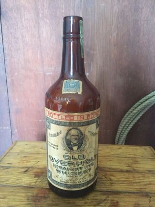 Fully Labeled Old Overholt Whiskey Bottle Amber Quart Cylinder Broadford,  Pa.