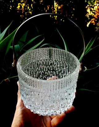 Vtg Mcm Scandinavian Art Glass Ice Bucket W Handle No Maker Dripping Ice