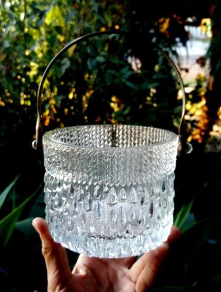 Vtg MCM Scandinavian Art Glass Ice Bucket w Handle No Maker Dripping Ice 2