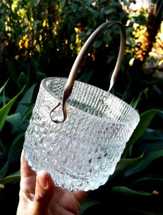 Vtg MCM Scandinavian Art Glass Ice Bucket w Handle No Maker Dripping Ice 3